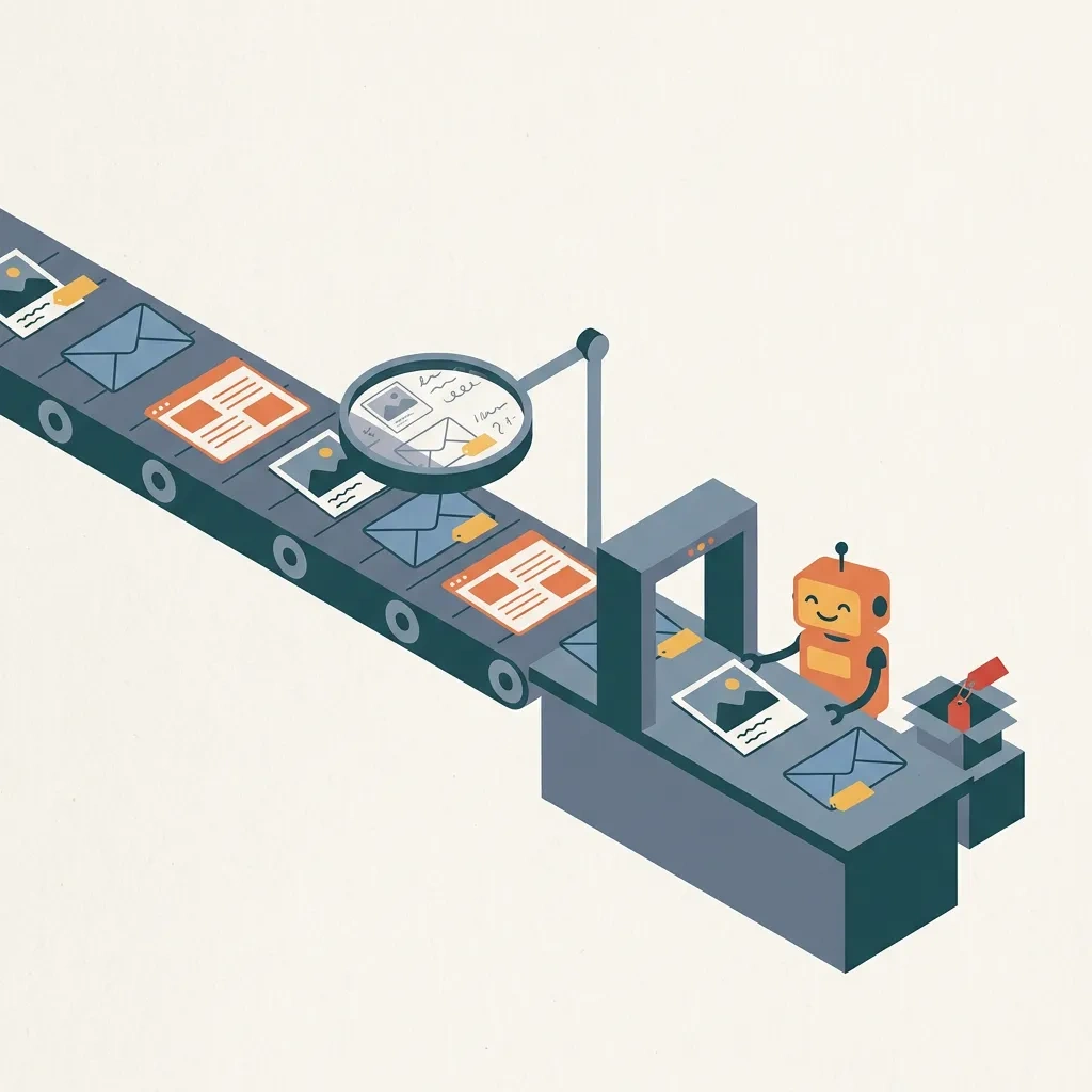 Illustration: documents on a conveyor pass a checkpoint with a magnifying lens before reaching a small robot; some get warning tags, one is set aside.
