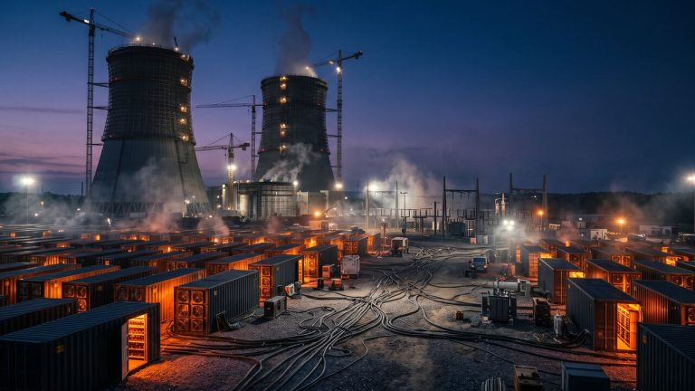 Nuclear cooling towers under construction behind rows of glowing bitcoin mining containers at dusk
