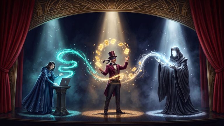 A three-person magic act on a theatre stage: a woman at a laptop sends a ribbon of light past a blindfolded magician juggling glowing cards to a hooded oracle made of light