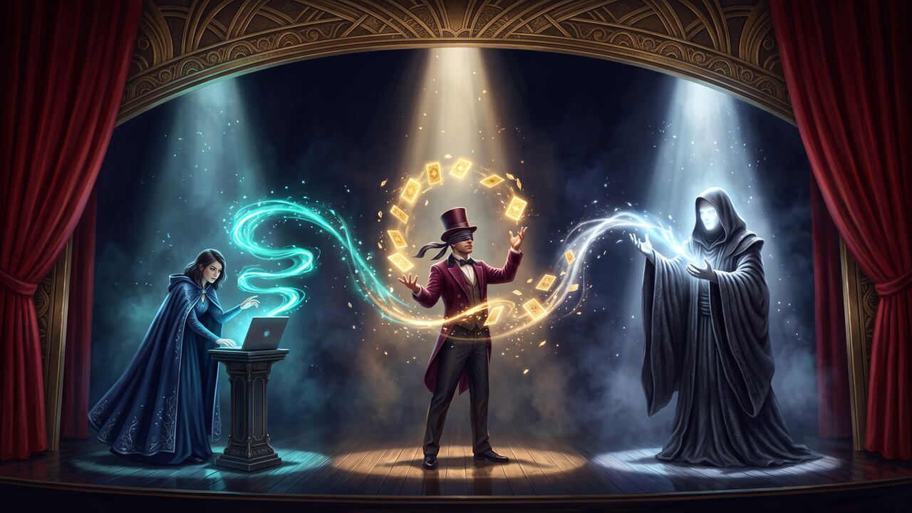 A three-person magic act on a theatre stage: a woman at a laptop sends a ribbon of light past a blindfolded magician juggling glowing cards to a hooded oracle made of light