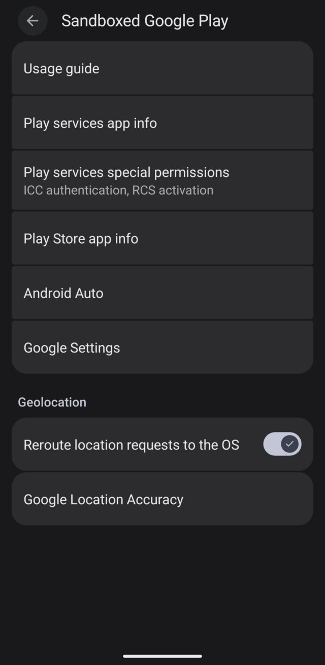 The Sandboxed Google Play screen in GrapheneOS settings