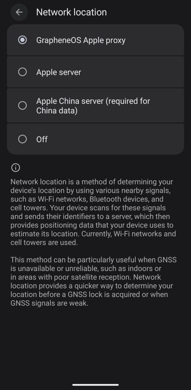 The Network location menu in GrapheneOS settings