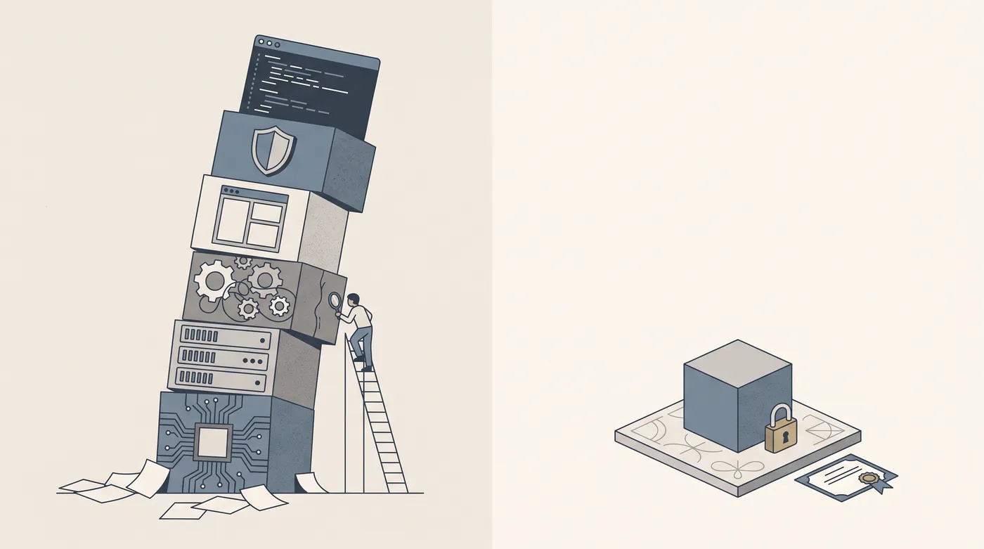 Illustration: on the left, a tall, leaning tower of system layers (a chip, a server, gears, an operating system window, a shield, a terminal) with a person on a ladder inspecting it with a magnifying glass. On the right, a small cube on a flat base engraved with mathematical curves, next to a padlock and a certificate.
