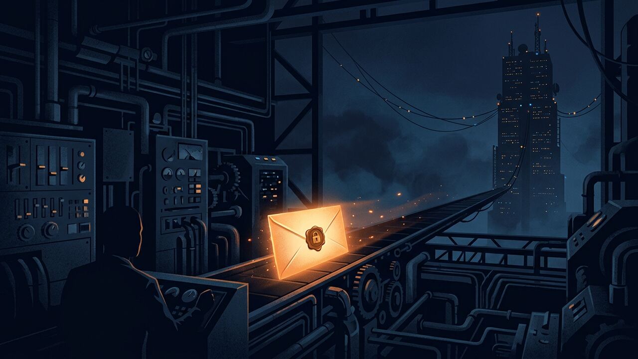 Illustration: a glowing sealed envelope with a padlock seal rides a conveyor through a dark relay station; the operator in the foreground cannot see inside; a distant data-center tower waits at the far end.