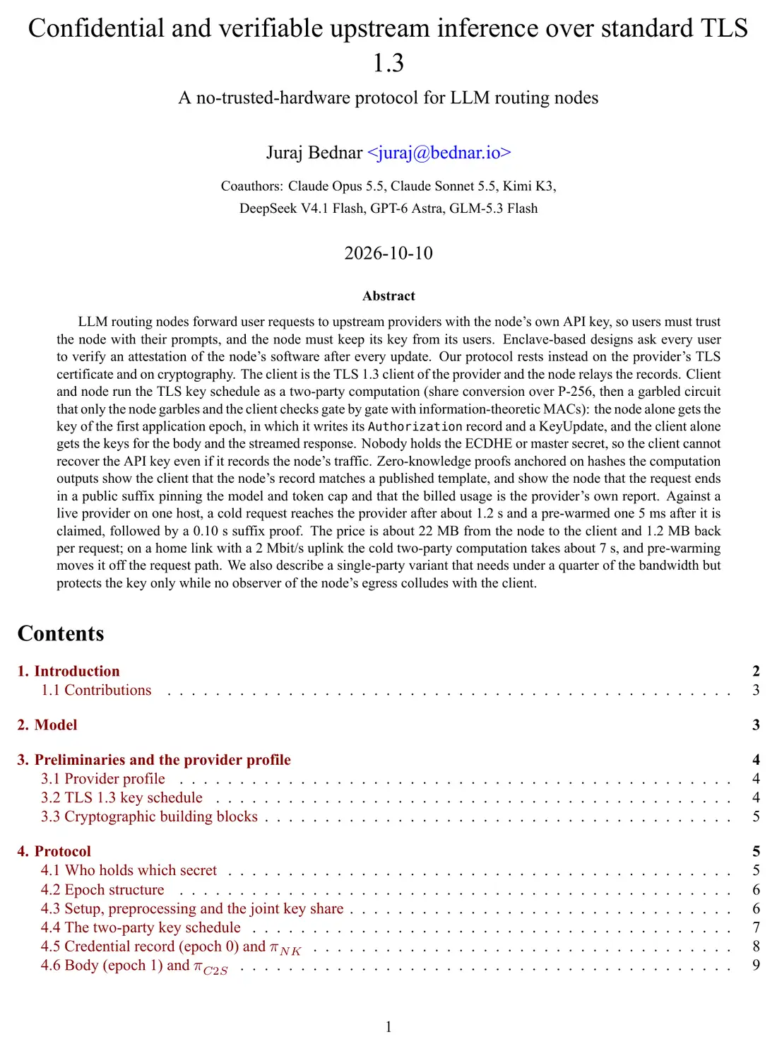 The first page of the paper Confidential and verifiable upstream inference over standard TLS 1.3, by Juraj Bednar with coauthors Claude Opus 5.5, Claude Sonnet 5.5, Kimi K3, DeepSeek V4.1 Flash, GPT-6 Astra and GLM-5.3 Flash: the title, the authors, the abstract and the start of the table of contents.