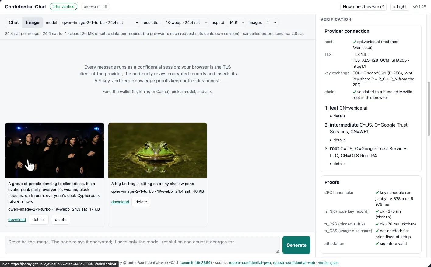 The confidential chat demo v0.1.25 in Image mode with qwen-image-2-1-turbo at 24.4 sat per image. Two generated images, a cypherpunk silent disco and a frog in a pond. The side panel shows the verified connection to api.venice.ai, the certificate chain, and the proofs: the 2PC handshake, pi_NK and pi_C2S, with the usage proof not needed because the price is flat.
