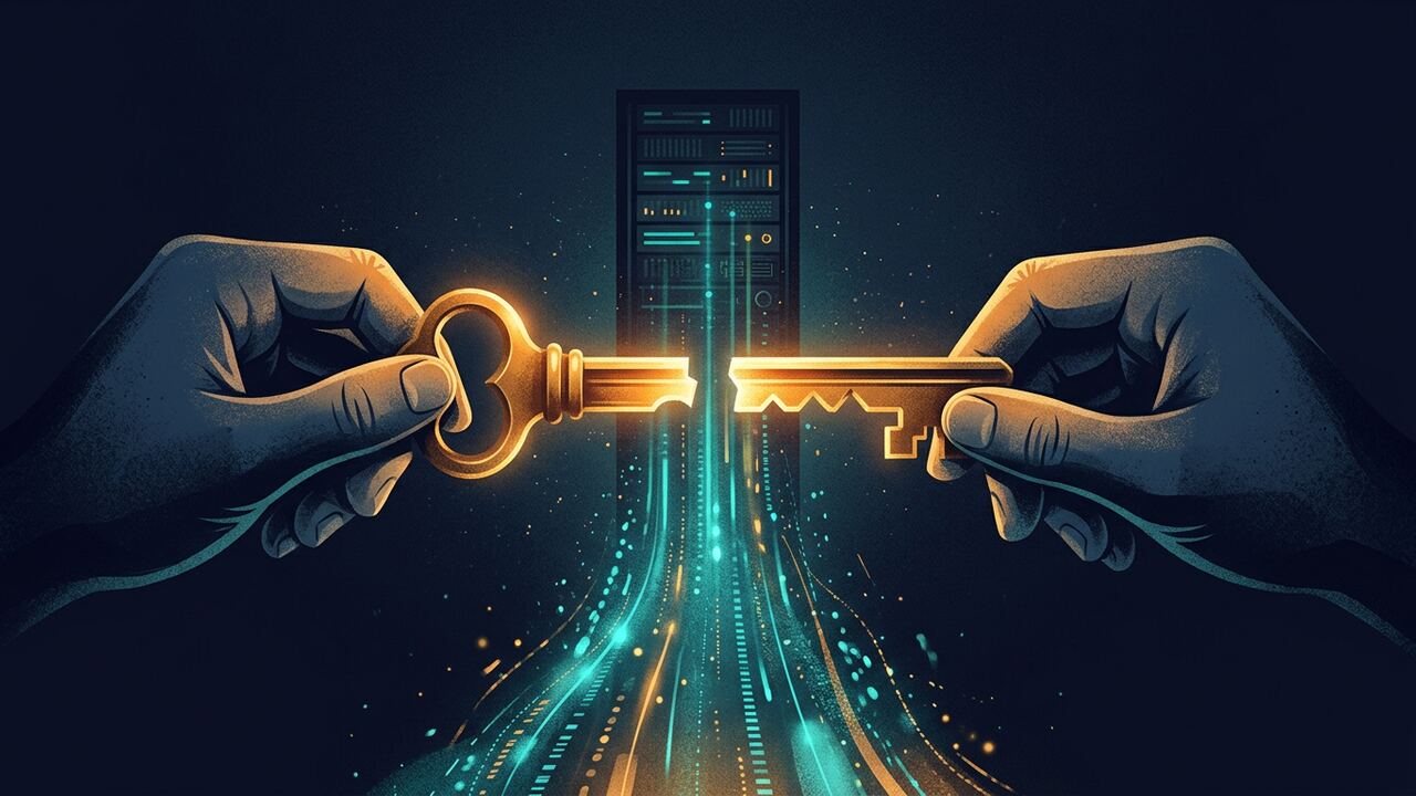Illustration: two hands from opposite sides each hold one half of a glowing key above a stream of data flowing to a server; neither holds the whole key.