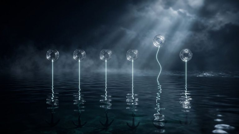 Six glass tokens tethered above dark water, one line slack and its token drifting higher.