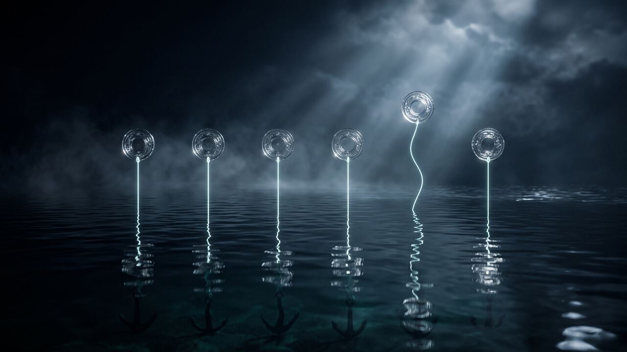 Six glass tokens tethered above dark water, one line slack and its token drifting higher.
