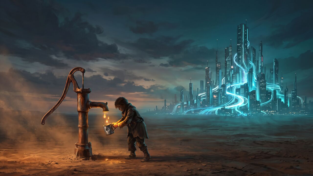 A child pumps a few glowing drops from an old hand pump into a tin cup on a dusty plain, while a huge luminous city overflows with light on the horizon