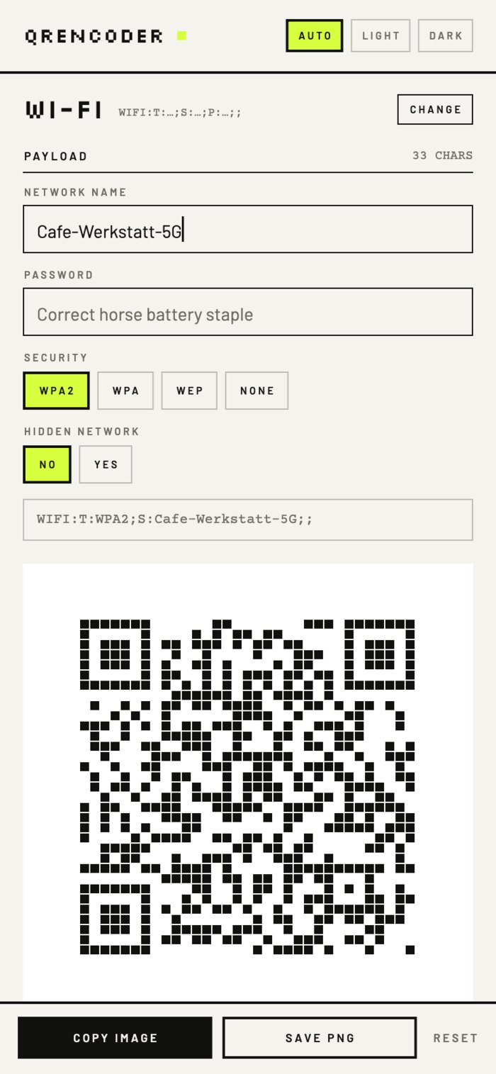 Formulár Wi-Fi v QREncoder na telefóne, QR kód je pod poľami
