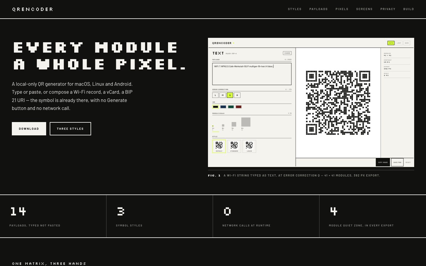 Nová stránka projektu QREncoder s pixelovým nadpisom Every module a whole pixel a screenshotom aplikácie